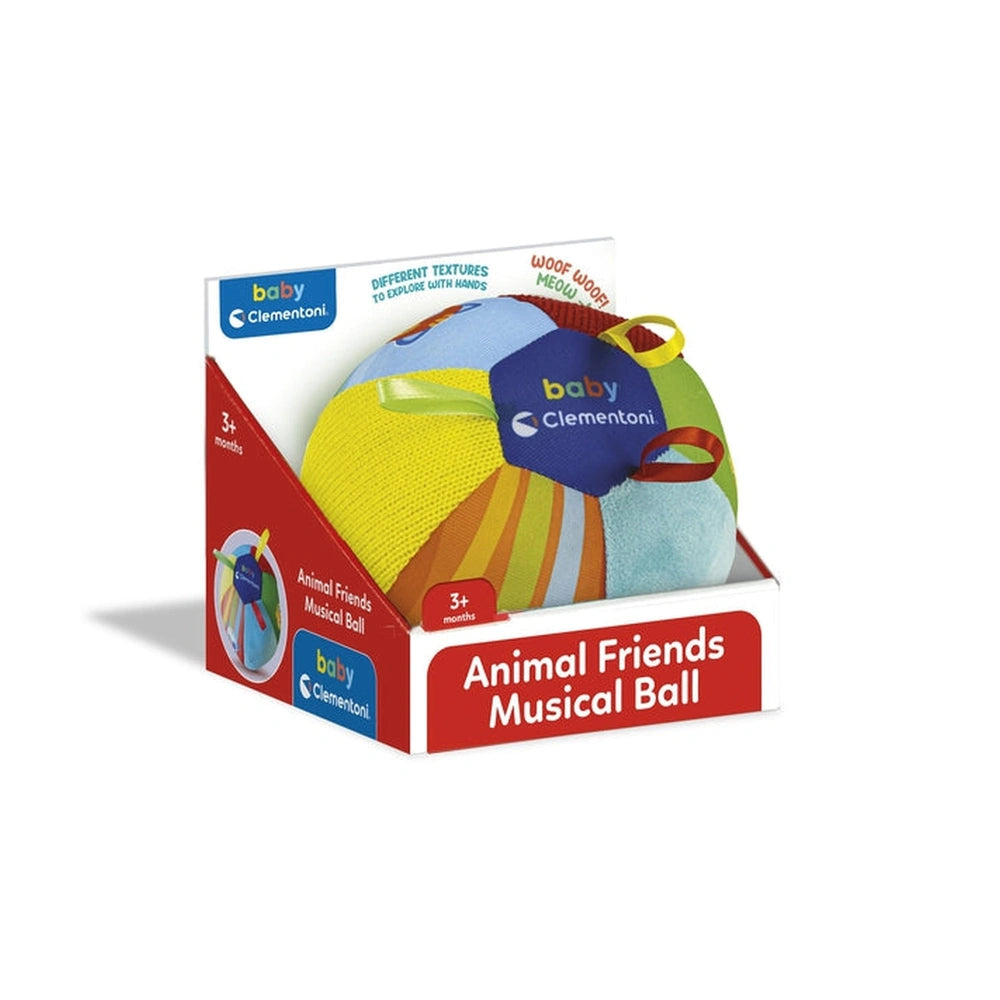 Colorful plush baby ball toy with various textures, designed for tactile exploration, in a branded box.