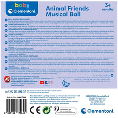 Animal Friends Musical Ball baby activity toy label featuring a baby's hand, colorful graphics, and multilingual safety infor