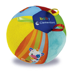 Colorful, textured plush ball featuring vibrant stripes and "baby" and "Clementoni" branding, designed for infant play.