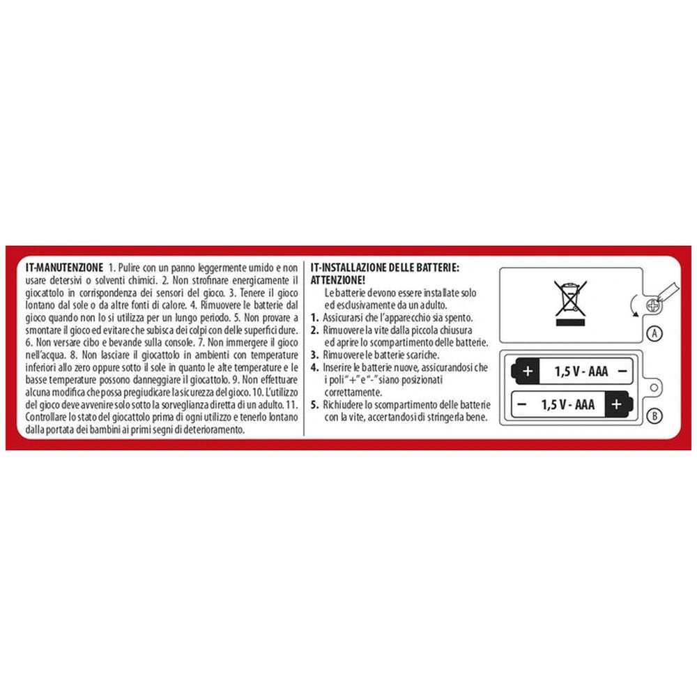 Baby Telecomando activity toy label with Italian instructions and safety symbols on a metallic appliance surface.