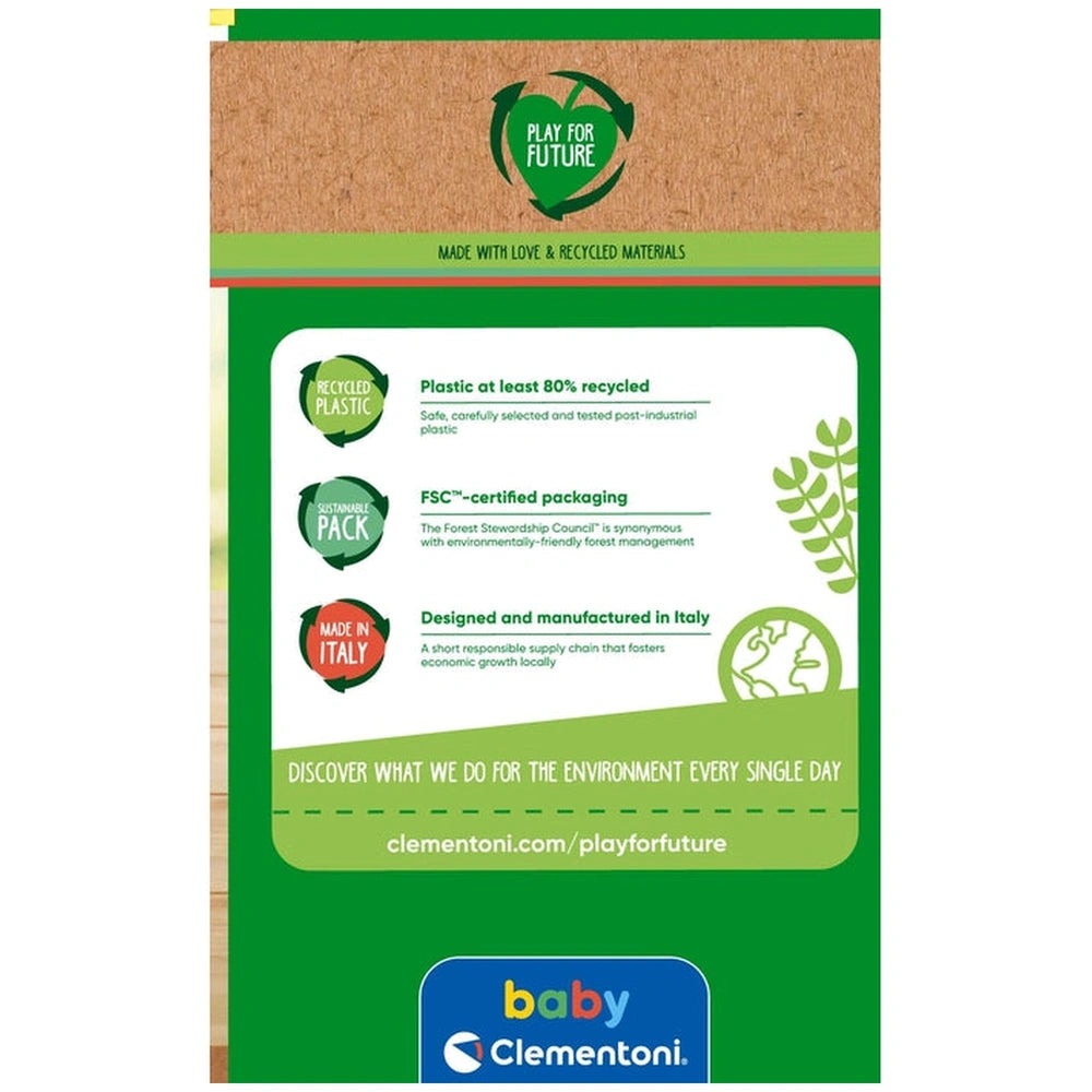 Baby Clementoni - Ball Drop Castle features a vibrant green design with nature elements and playful text highlighting eco-fri