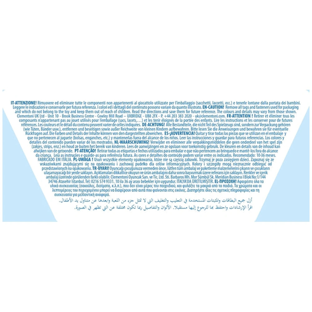 Baby Clementoni - Ball Drop Castle features a blue background with dense Arabic text, likely safety instructions or warnings.