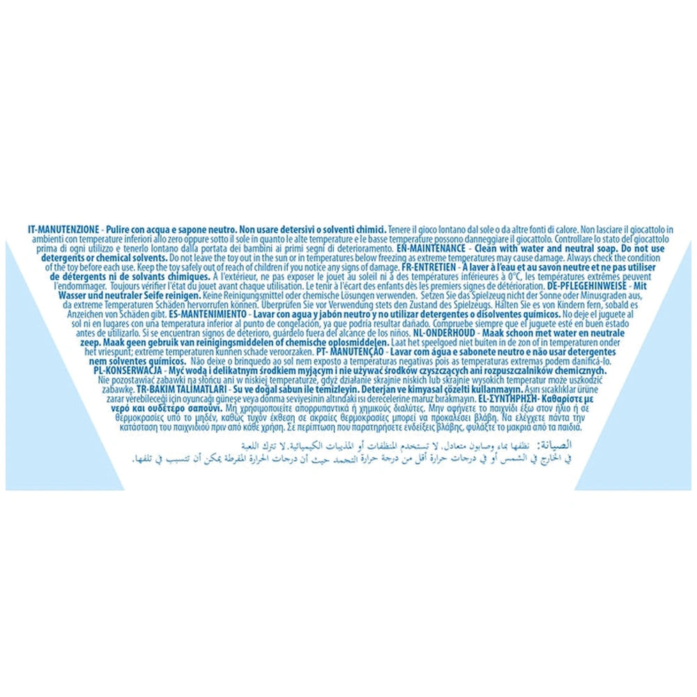 Baby Clementoni - Ball Drop Castle features a textured blue and white surface with maintenance instructions partially obscure