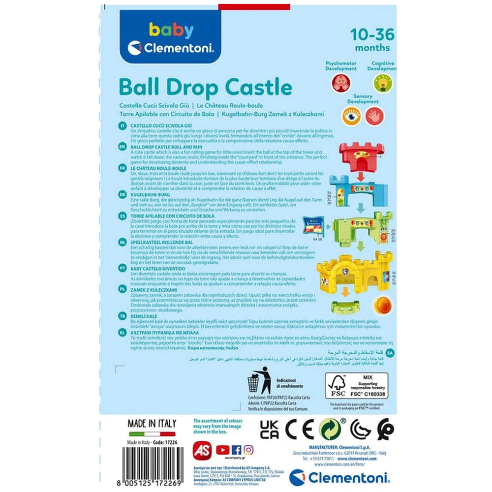 Baby Clementoni's Ball Drop Castle packaging features a colorful design with images of the toy and bold text for children.