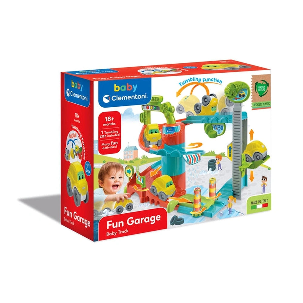 Baby Clementoni Fun Garage features a colorful play set with cars, ramps, and figures inside a vibrant red and white box.