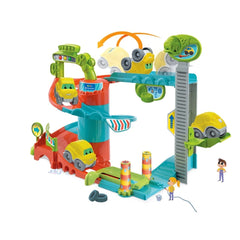 Colorful Baby Clementoni Fun Garage set features a car, truck, ramp, and accessories for engaging playtime activities.
