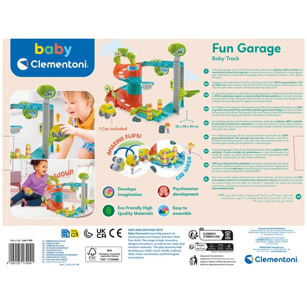 Baby Clementoni Fun Garage toy packaging features a smiling child interacting with a colorful playset through a clear window.