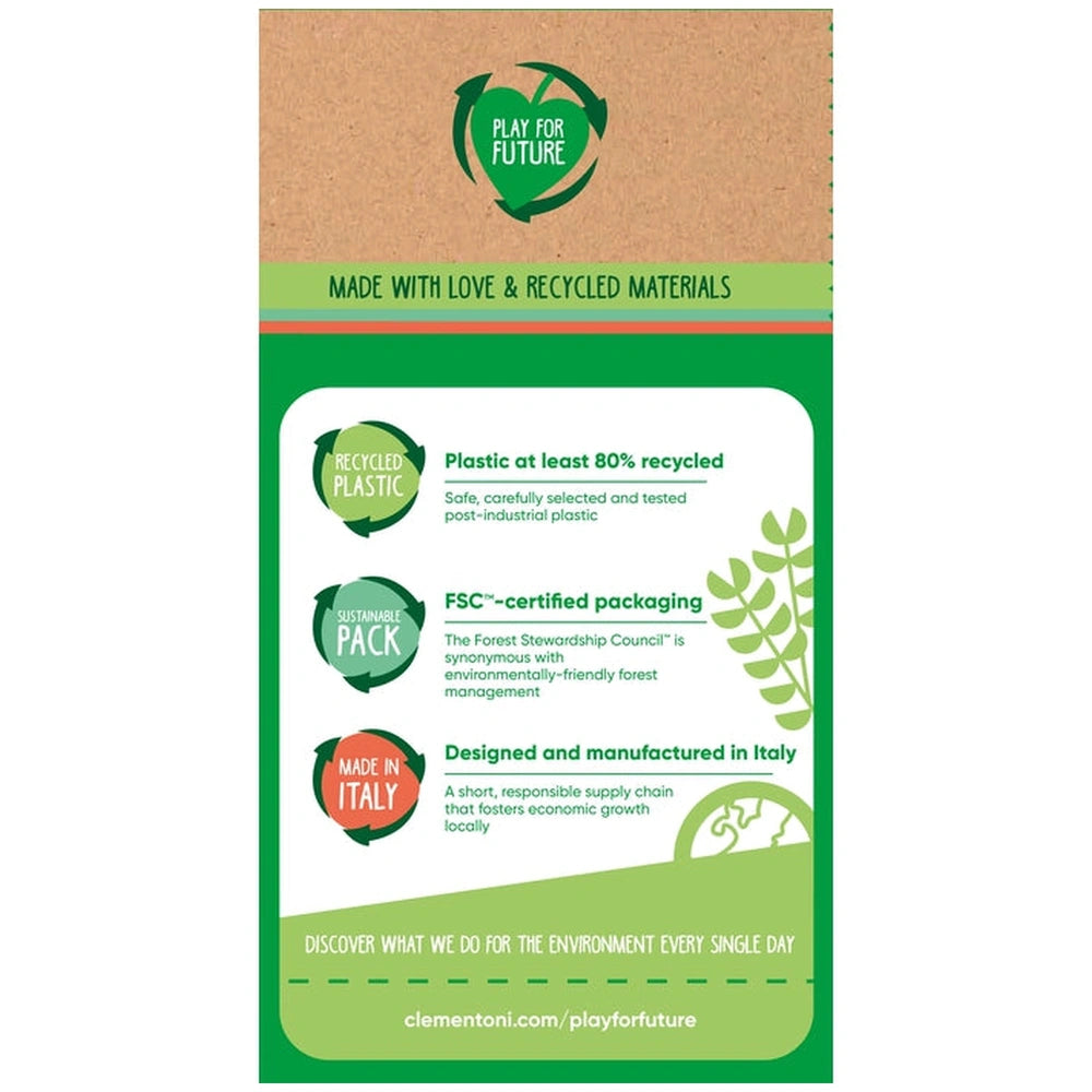 Baby Clementoni Fun Garage Baby Track showcases eco-friendly toys with a colorful advertisement emphasizing sustainability.