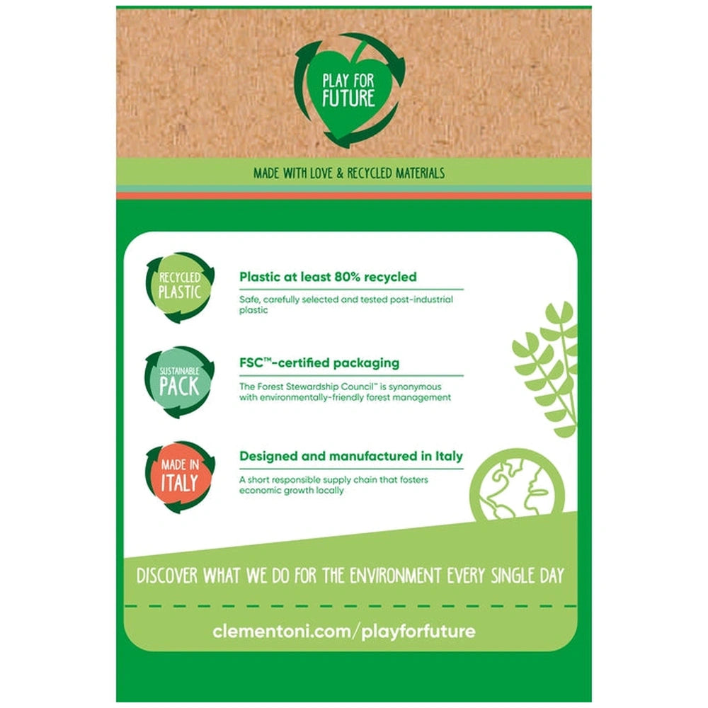 Baby Clementoni Fun Vehicles Sorting & Stacking Toys poster features eco-friendly messaging and a clean, modern design.