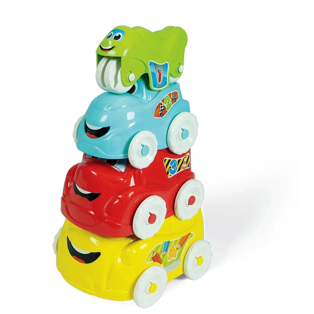 Baby Clementoni toy features a stacked arrangement of three colorful cars with smiling faces and cartoonish designs.