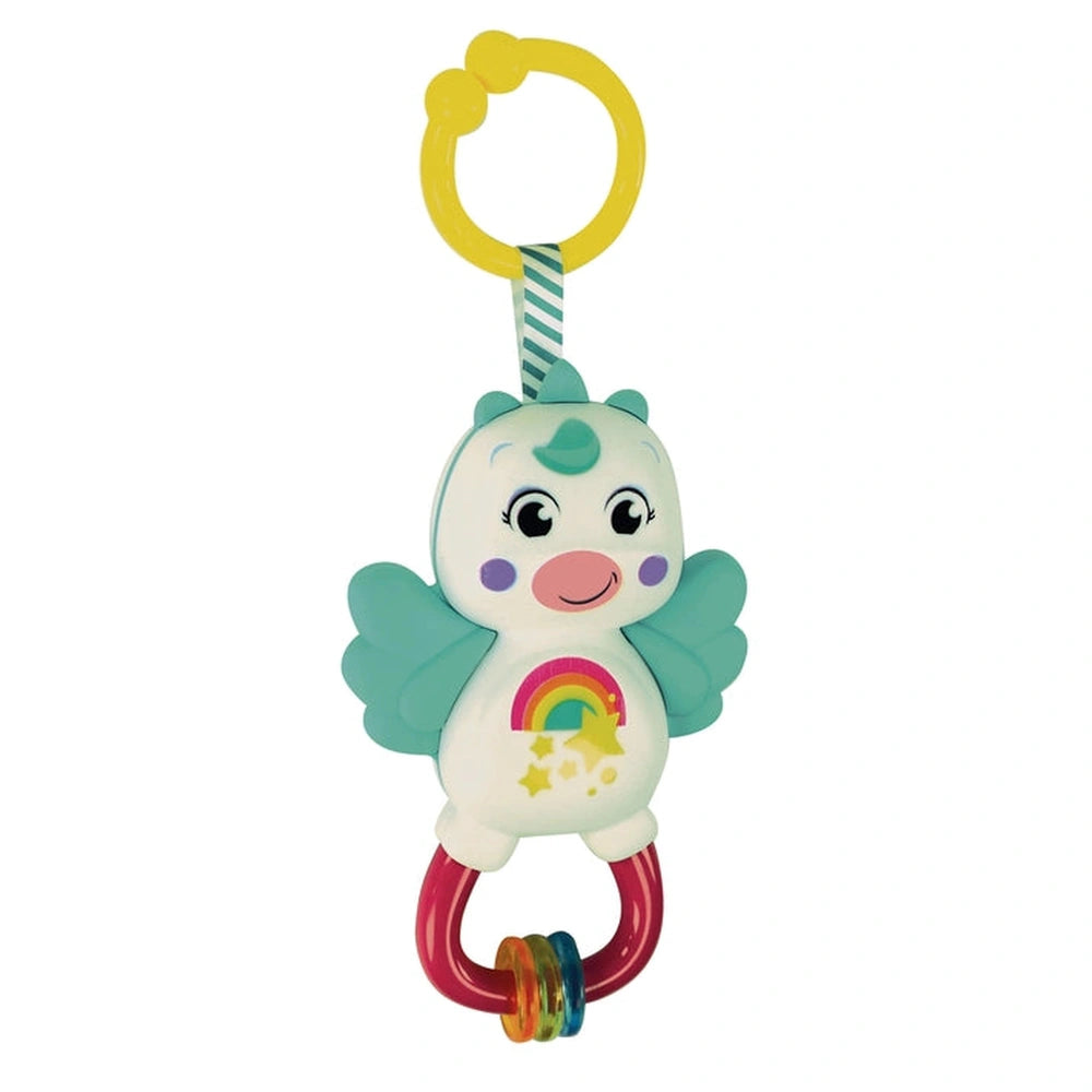 Baby Clementoni Little Unicorn Rattle features a colorful design with a halo, large eyes, wings, and a rainbow motif.