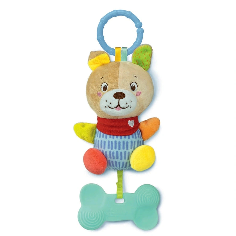 Baby Clementoni's Lovely Soft Dog Rattle features a plush dog with a red heart-patterned bandana, hanging from a blue ring.
