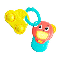 Bright yellow toy car with a red roof and blue steering wheel, designed for children's play and exploration.