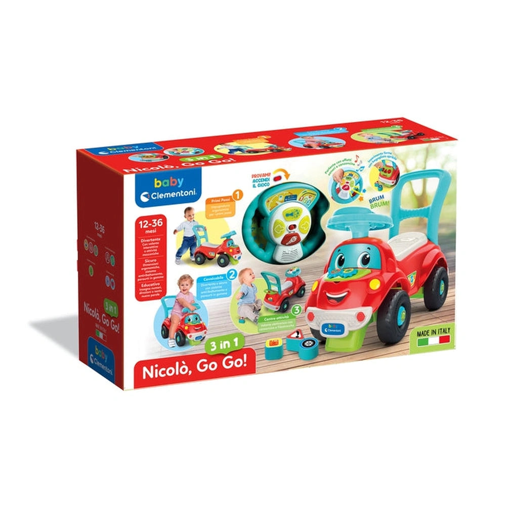 Baby Clementoni toy box in red with white and blue label, featuring images of a baby car and walker, set against a white back