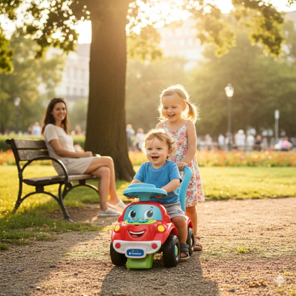 Baby Clementoni's Nicolo Go Go 3 In 1 Riding Toys in a vibrant outdoor park scene with children joyfully playing.
