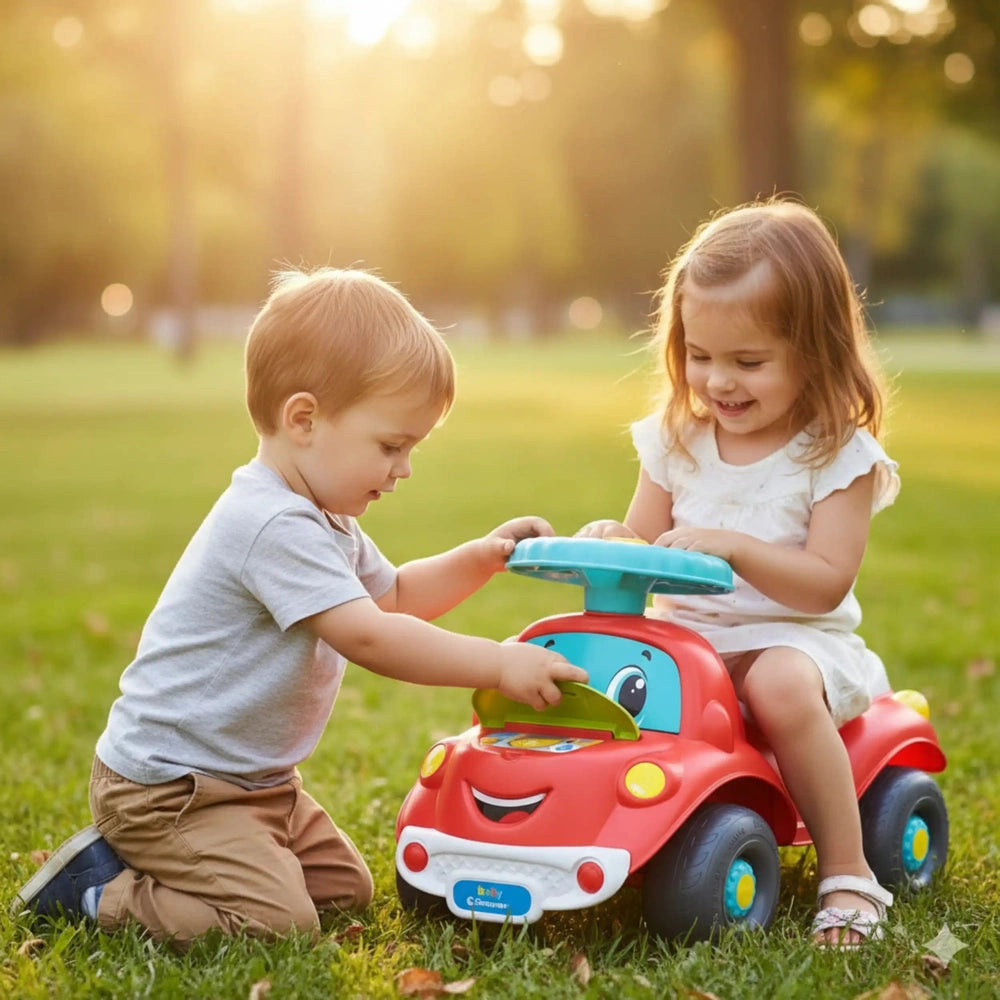 Baby Clementoni Nicolo Go Go 3 In 1 Riding Toys in red, with children playing outdoors on grass during golden hour.