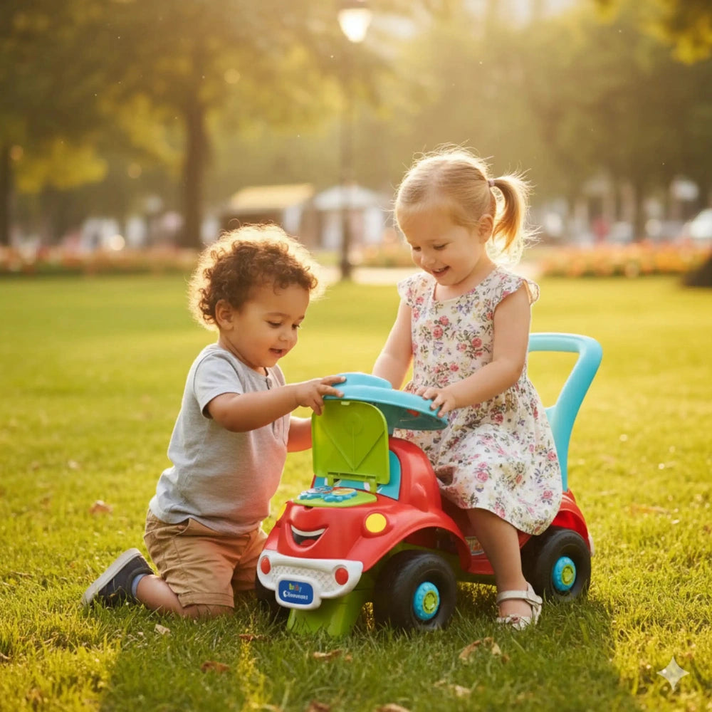 Baby Clementoni Nicolo Go Go riding toy car in bright red with blue wheels, enjoyed by two smiling children outdoors.