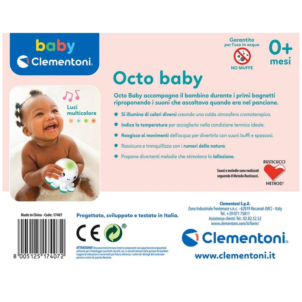 Baby Clementoni Octo Baby bath toy is held by a smiling baby sitting in a light pink bathtub, surrounded by colorful text and
