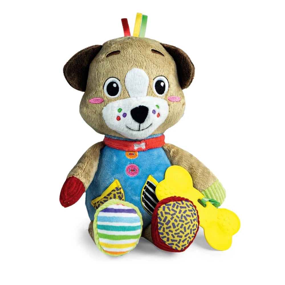 Pete The Puppy stuffed animal features a brown body, friendly face, and colorful shirt with playful designs.