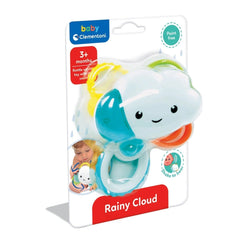 Baby Clementoni Rainy Cloud Rattle in colorful packaging features a smiling cloud toy visible through a window, suitable for 