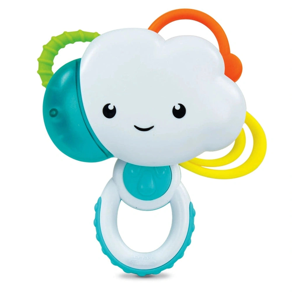 Baby Clementoni Rainy Cloud Rattle features a large white cloud shape with blue and orange accents and a smiley face.