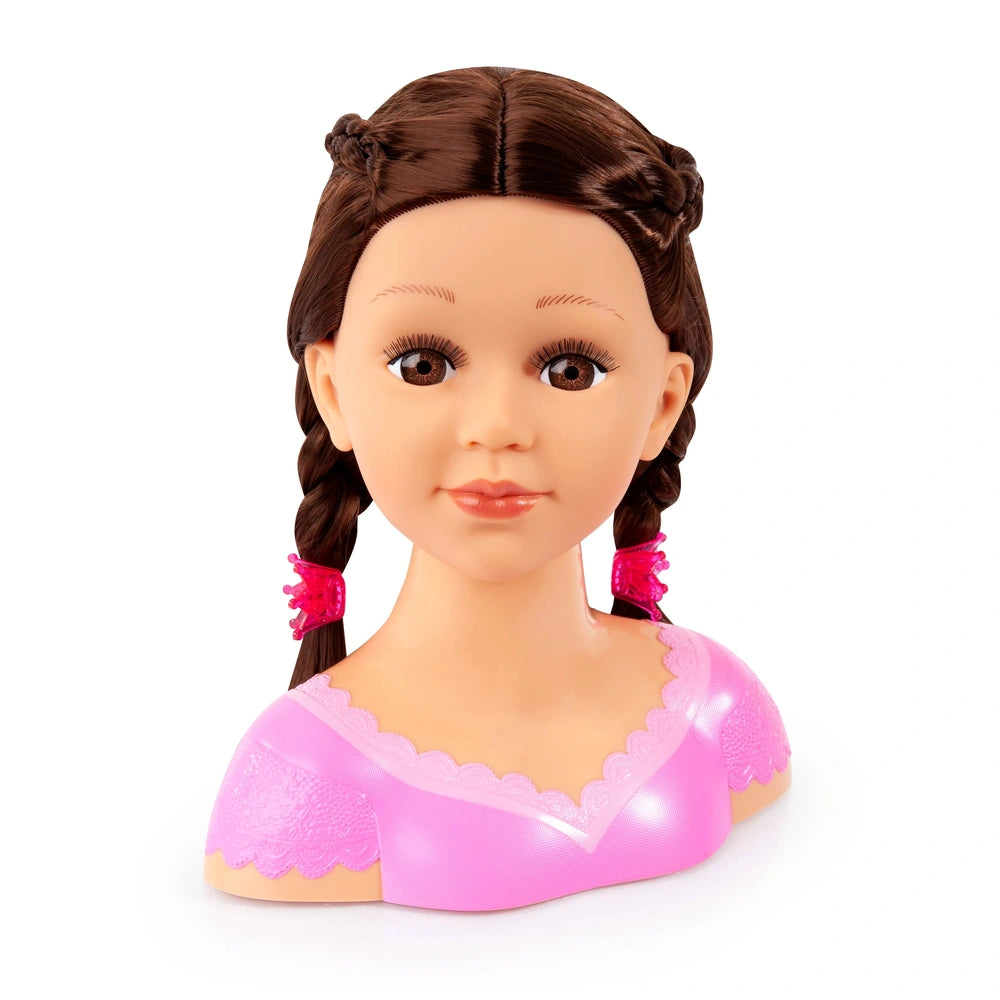 Charlene Super Model doll with brown braided hair and a glossy pink dress, featuring a matte finish on the face and hair.
