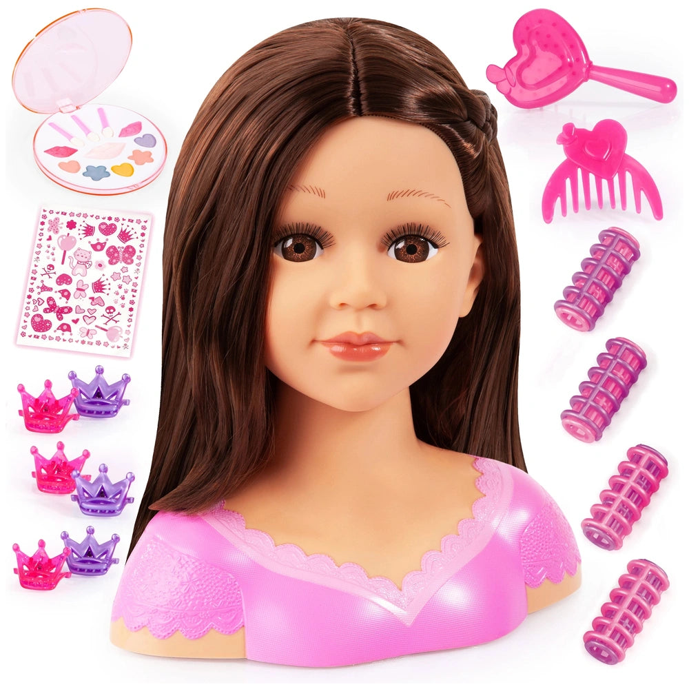 Charlene Super Model doll features light pink skin, dark brown glossy hair, and shiny pink clothing with accessories includin