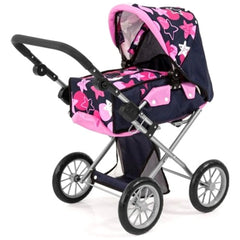 BAYER DESIGN City Star Dolls Stroller features a metal frame with pink and blue star and heart patterned fabric, black wheels