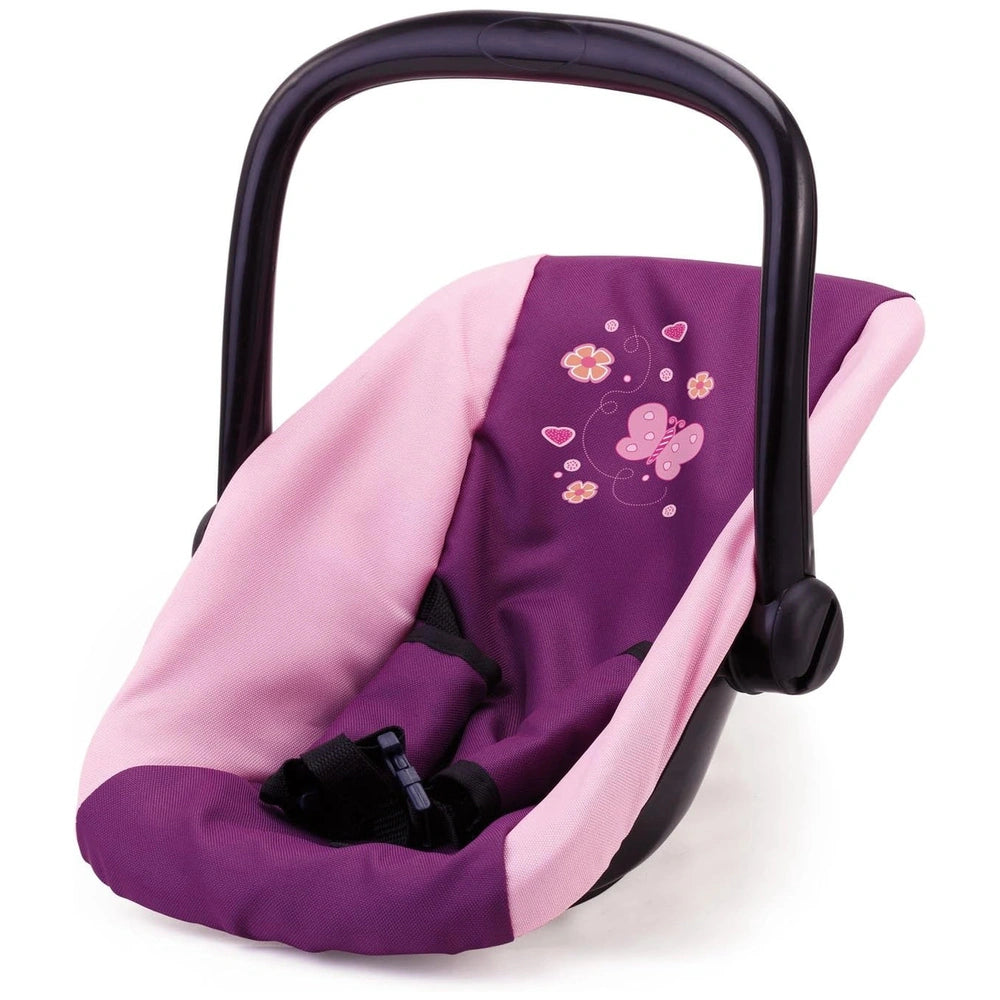 BAYER DESIGN doll car seat in pink and purple fabric with a black plastic frame and five-point harness for dolls playsets.