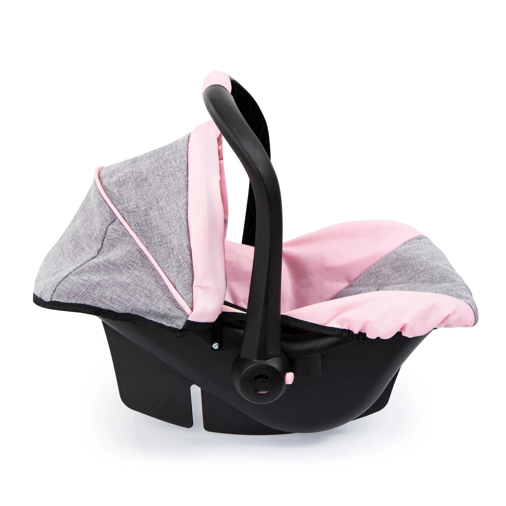 BAYER DESIGN Doll Deluxe Car Seat features a black frame, pink seat, gray cover, and multiple black safety components.