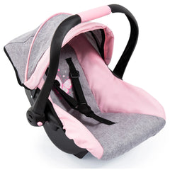 BAYER DESIGN Doll Deluxe Car Seat in gray and pink features plush seat cover, padded backrest, and five-point harness system.