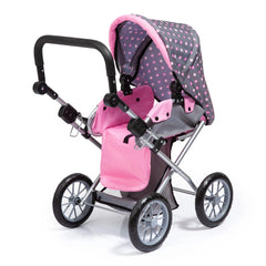 BAYER DESIGN Dolls Pram City Star features a metallic frame, pink seat cushion, polka dot canopy, and black rubber wheels.