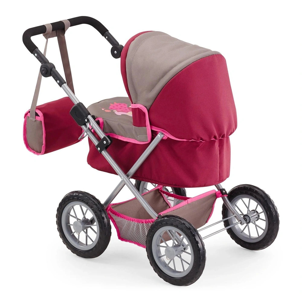 BAYER DESIGN Dolls Pram in red and gray fabric with a metal frame, black rubber wheels, and adjustable handlebar.