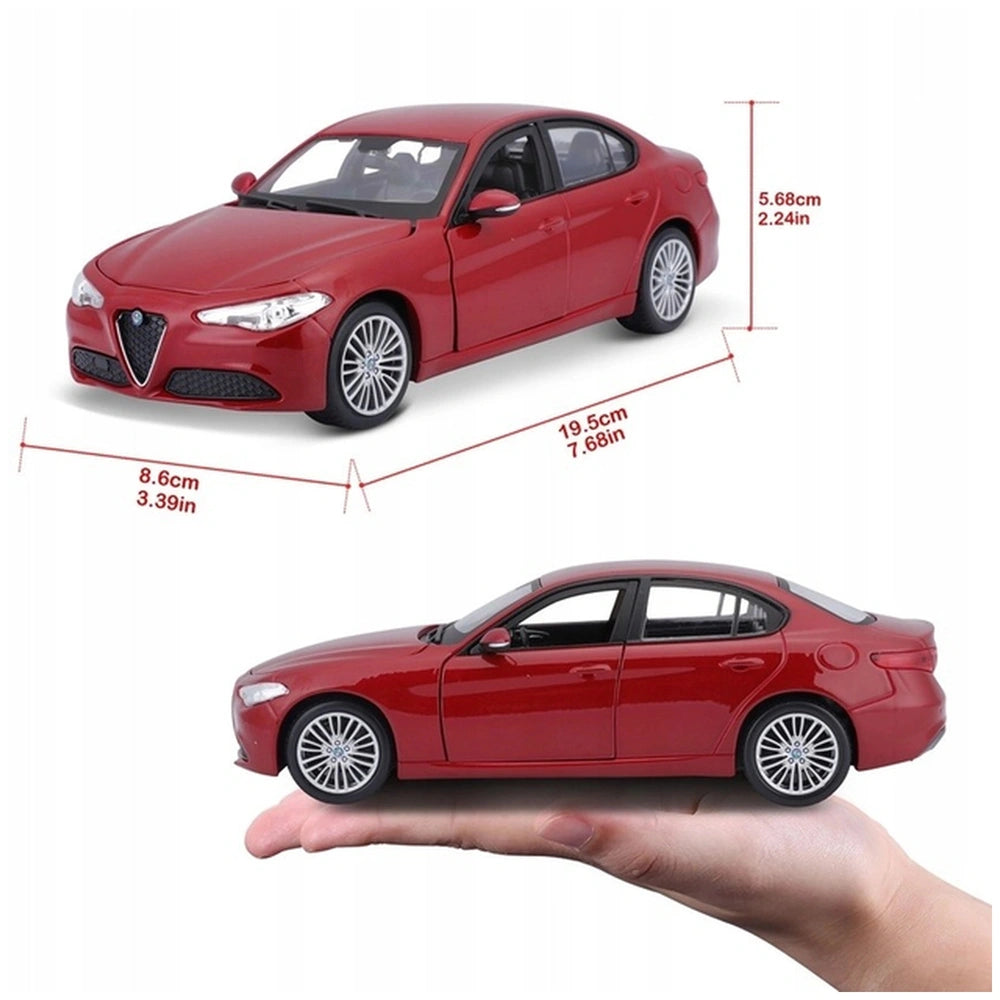 BBurago Alfa Romeo Giulia die-cast vehicle in glossy red with black roof, tinted windows, and silver wheels.