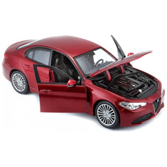 Alfa Romeo Giulia die-cast vehicle in red with black components, chrome accents, and clear plastic windows and lights.