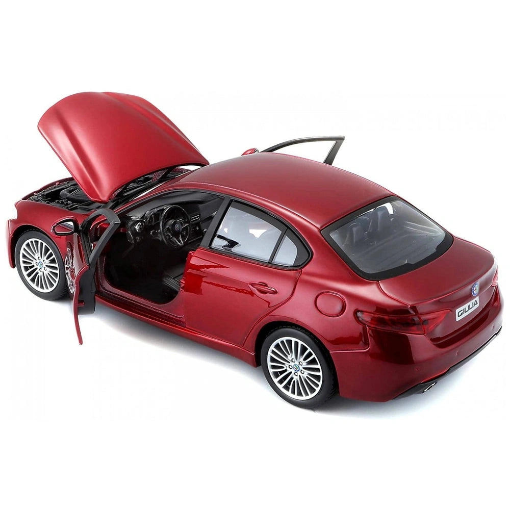 BBurago Alfa Romeo Giulia die-cast vehicle in red with black interior, clear windows, and detailed features including tires a