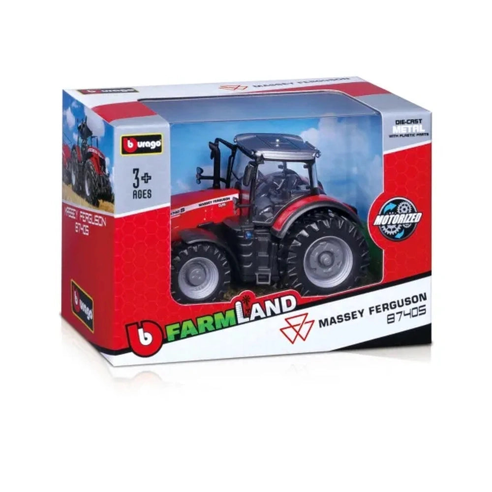 BBURAGO Farm Tractor Motorized Die-Cast Metal in red packaging with graphics, transparent window, and age marking "3+."