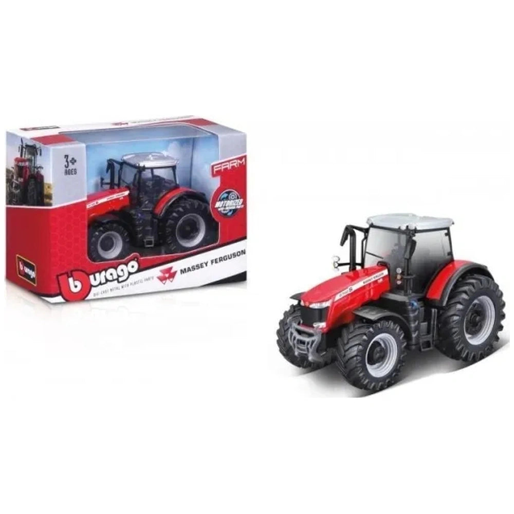 BBURAGO motorized die-cast metal farm tractor in red and black, displayed in a cardboard box with plastic window, 1:16 scale.