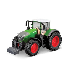 BBURAGO motorized die-cast metal farm tractor in green with red tires, black bumper, and a white translucent roof.