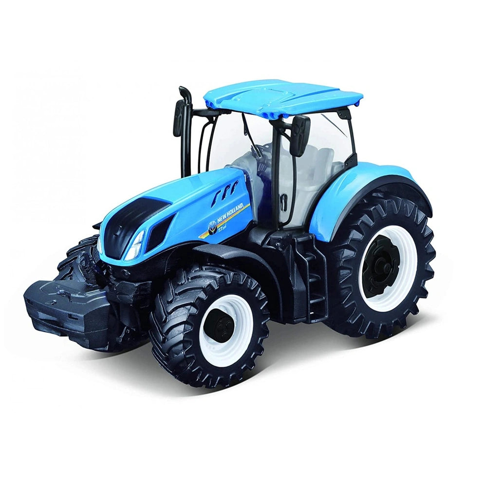 BBURAGO Farm Tractor in blue and black die-cast metal with black wheels and white rims, showcasing detailed design elements.