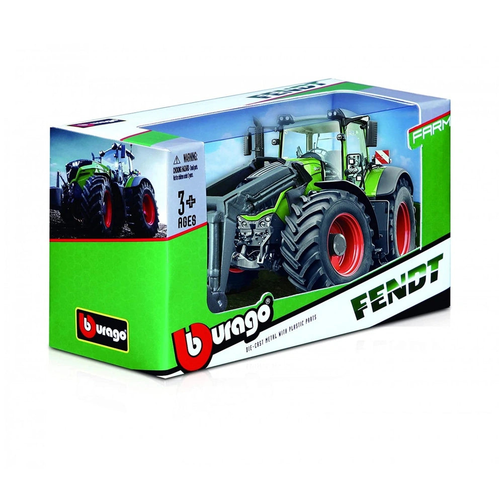 BBURAGO Farm Tractor motorized die-cast metal model in green and white box with red and black text and black wheels.