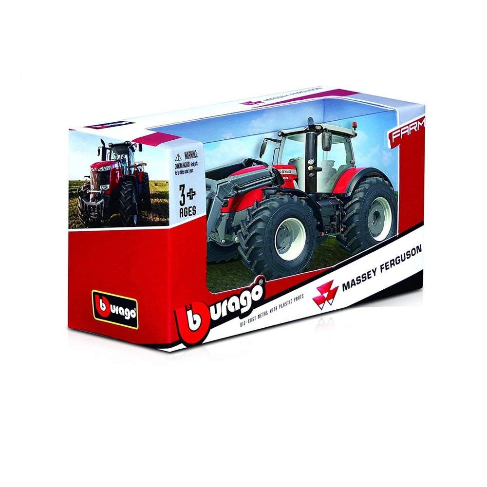 BBURAGO motorized die-cast metal farm tractor in glossy red and white packaging with visible wheels, seat, and front grill.
