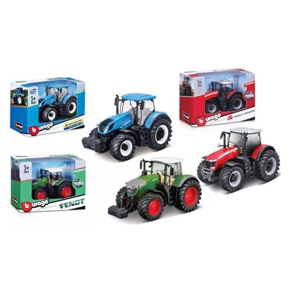 BBURAGO motorized die-cast metal farm tractor set featuring blue, green, yellow, and white tractors with textured surfaces.