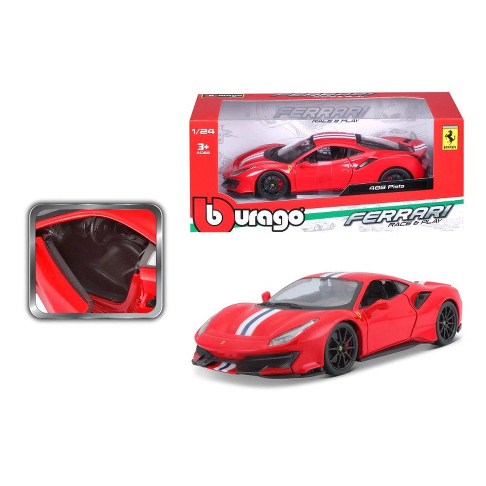 BBurago Ferrari 488 Pista 1:24 die-cast toy car in red packaging with clear window, featuring yellow logos and green stripes.