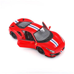 Ferrari 488 Pista die-cast model in glossy red with white and blue stripes, featuring detailed wheels and transparent windows