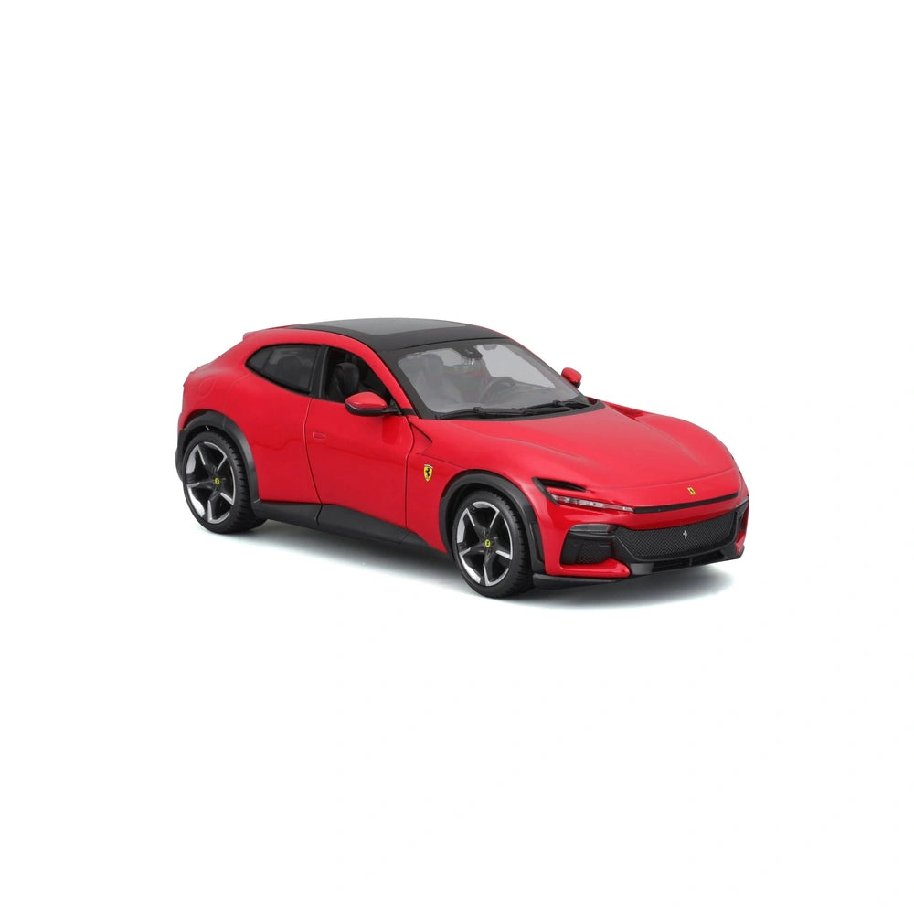 Ferrari Purosangue 1:24 die-cast vehicle with a glossy red body, matte black roof, tinted windows, and black wheels with yell