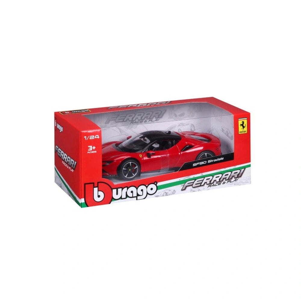 Ferrari SF90 Stradale 1:24 die cast toy car in red with black accents, displayed in glossy retail packaging with a transparen
