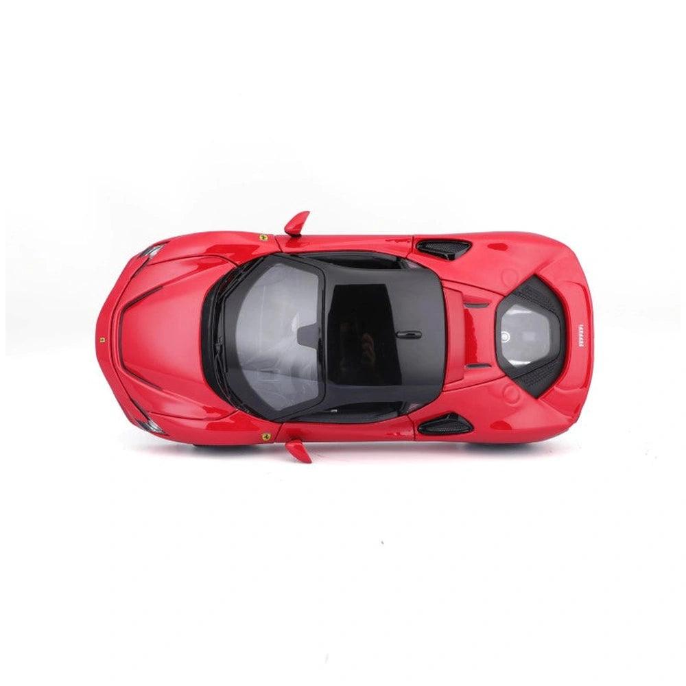 Ferrari SF90 Stradale die-cast model in red, showcasing detailed features like headlights, taillights, and dual doors.