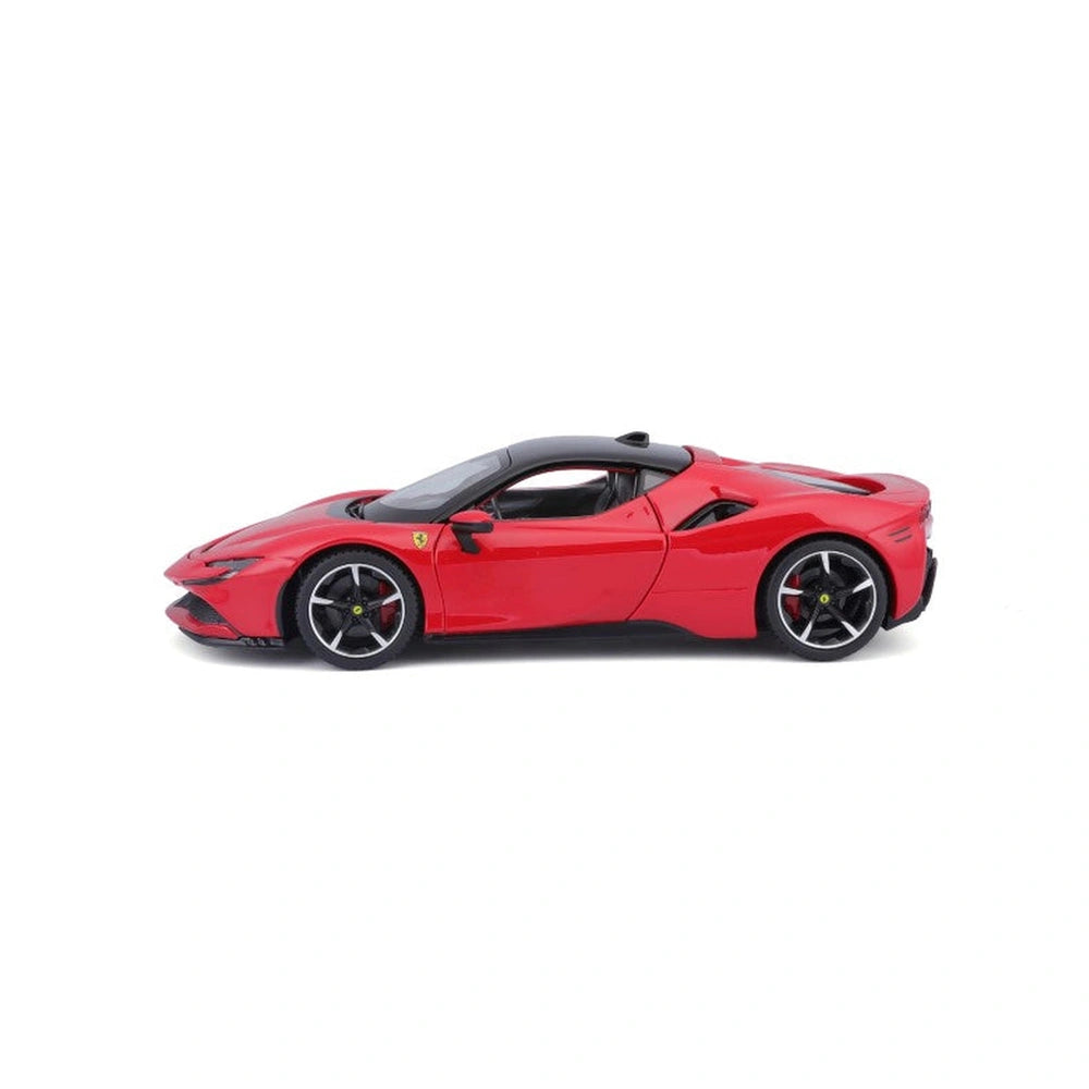 BBurago Ferrari SF90 Stradale 1:24 die-cast vehicle in glossy red with tinted windows, black roof, and sleek design.