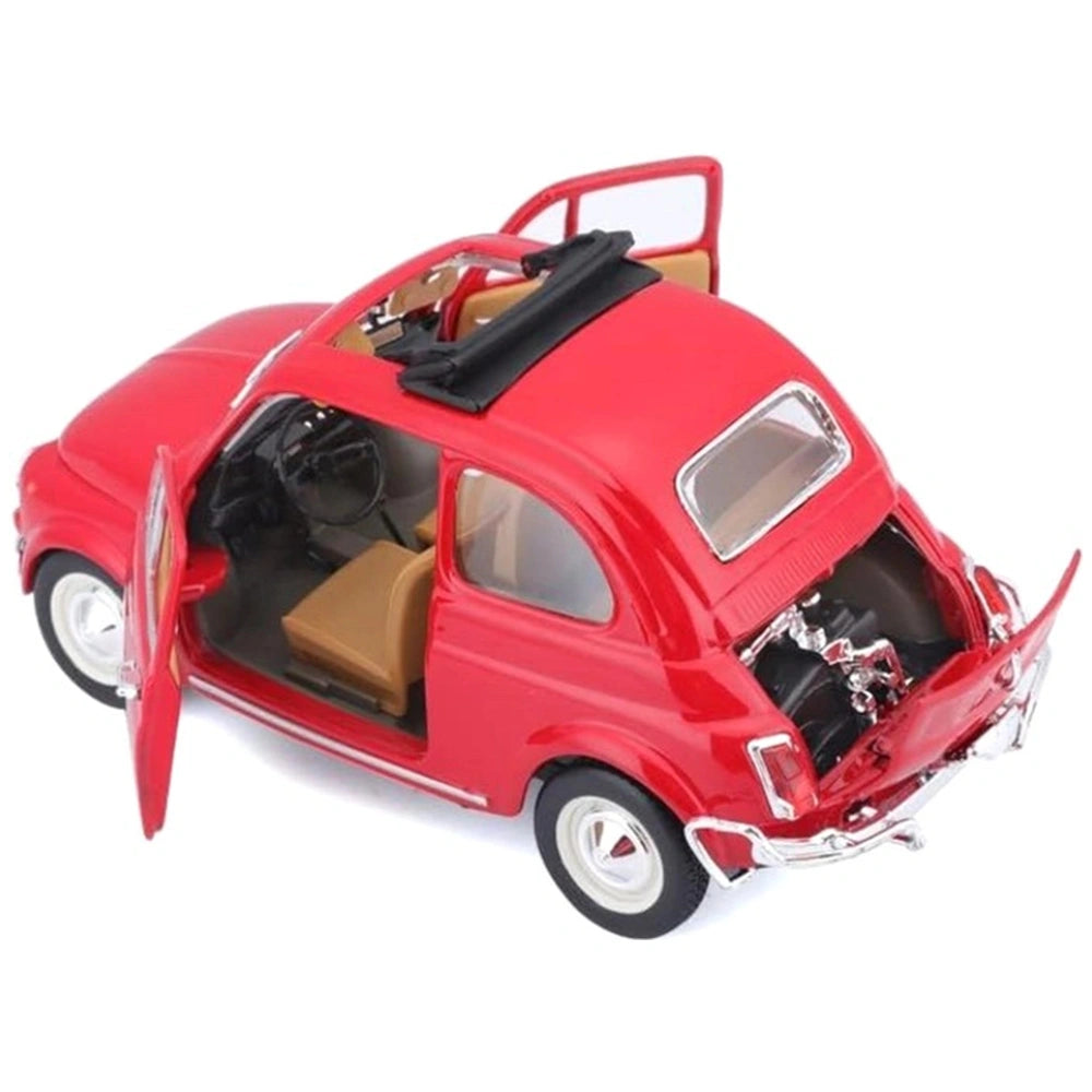 BBurago Fiat 500L 1968 die-cast vehicle in red with brown interior, black trim, and detailed components including headlights 